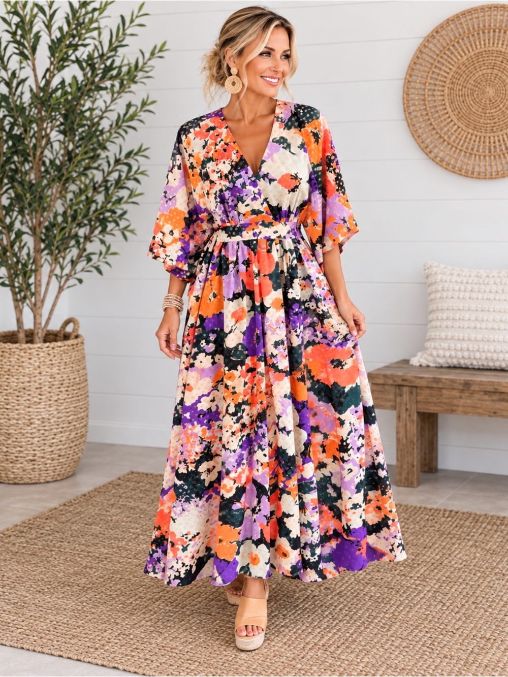 VINTAGE RETRO 60’s/70’s ALICE OF CALIFORNIA FLORAL CAFTAN HOSTESS GOWN SIZE M/L